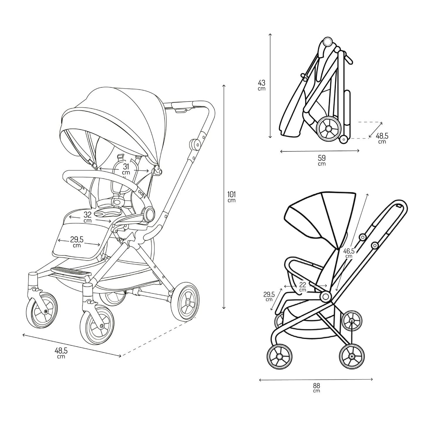MoMi ADELLE Kinderwagen, klappbar mit 360° Sitz, bis 22 kg