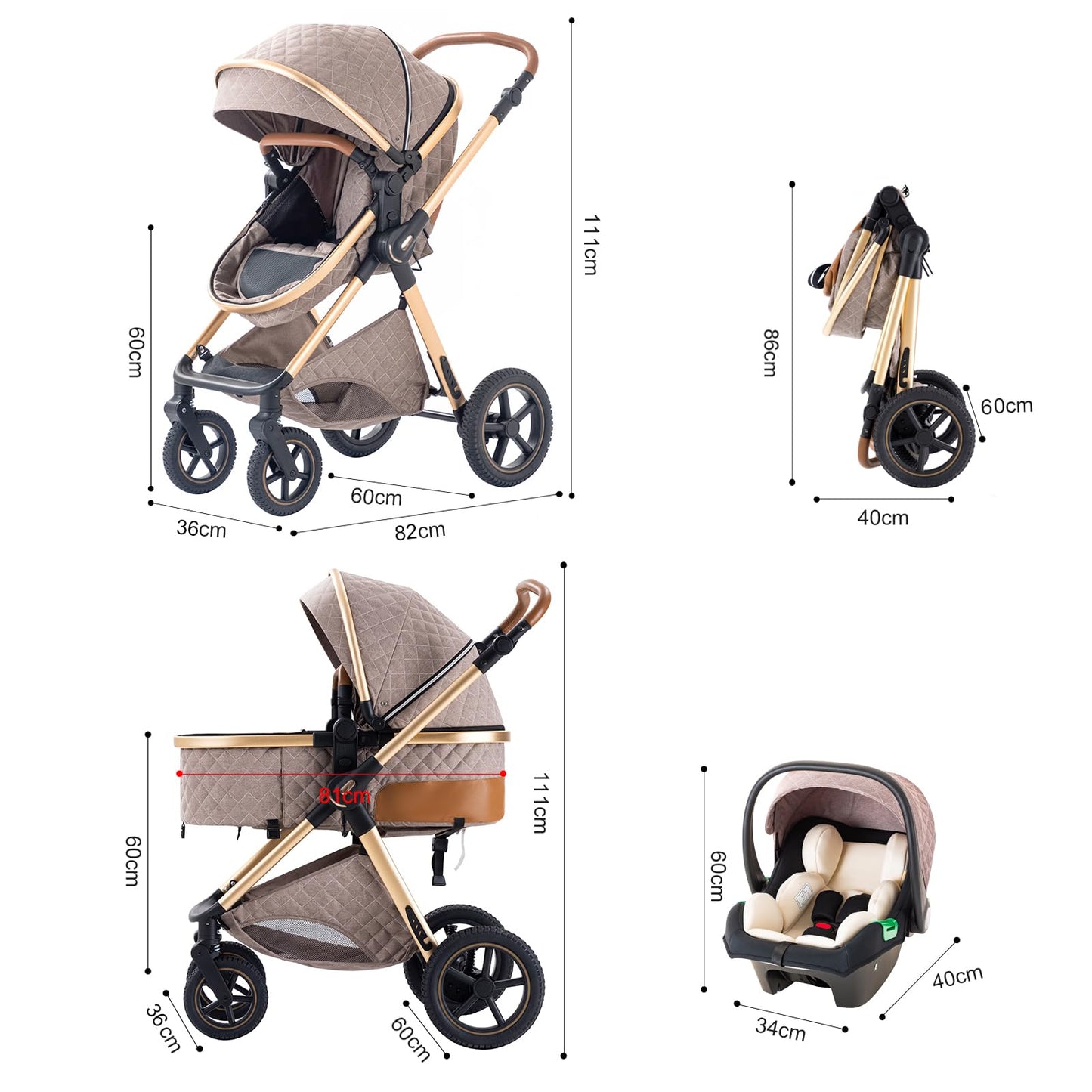 BEBBY 3-in-1 Kombi Kinderwagen, faltbar & tragbar, Luxus Buggy, Neugeborene