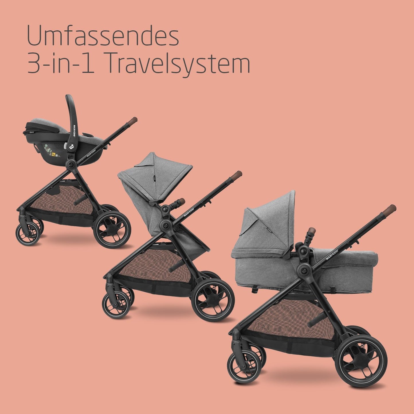 Maxi-Cosi Zelia S Trio 3-in-1 Kinderwagen Set, kompakt & faltbar, bis 22 kg, Grau