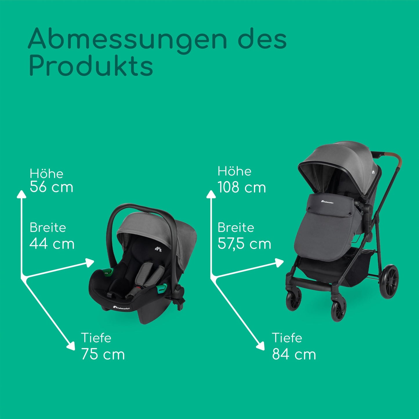 Bebeconfort Haze Trio 3-in-1 Kinderwagen Set, leicht & faltbar, bis 22 kg, Grau