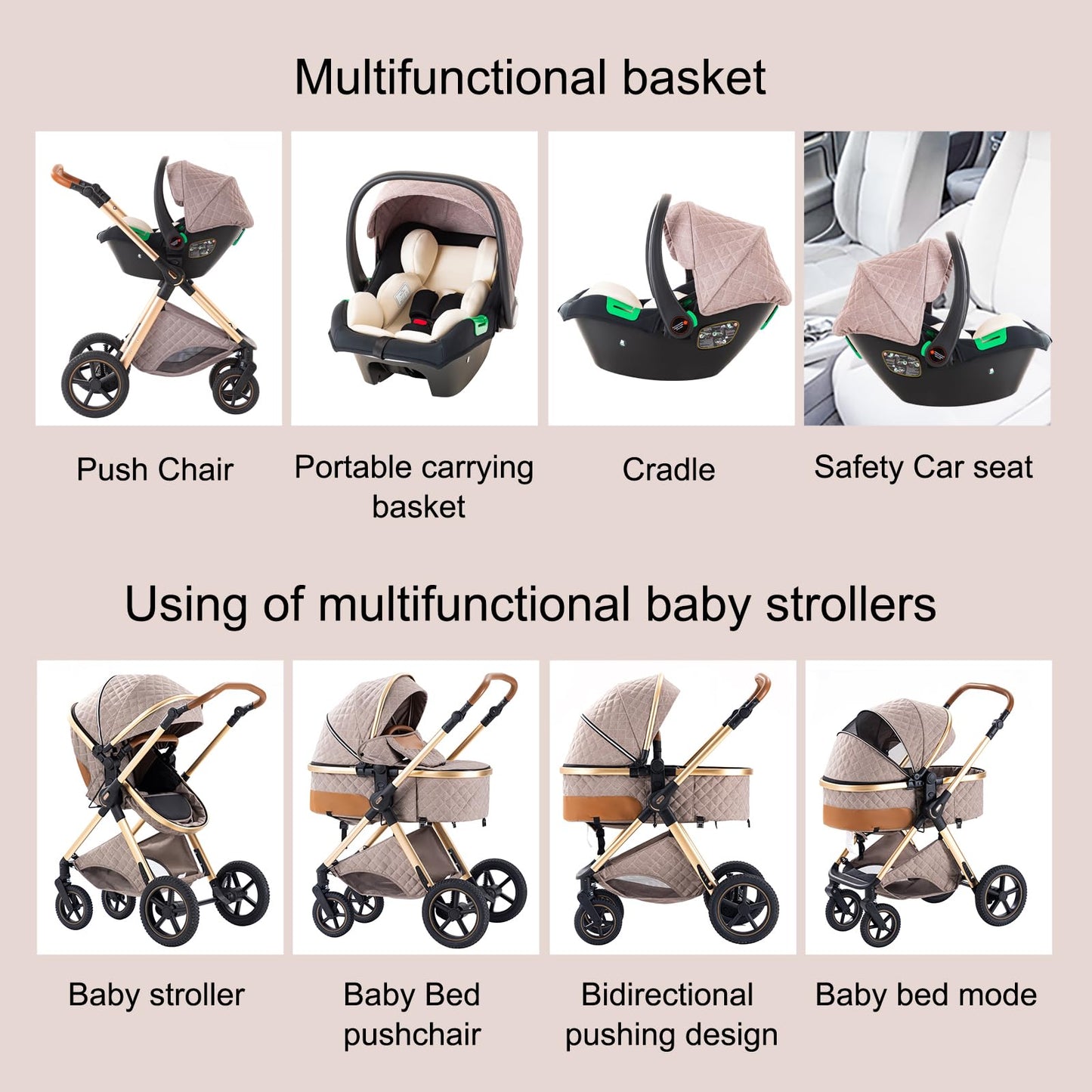 BEBBY 3-in-1 Kombi Kinderwagen, faltbar & tragbar, Luxus Buggy, Neugeborene