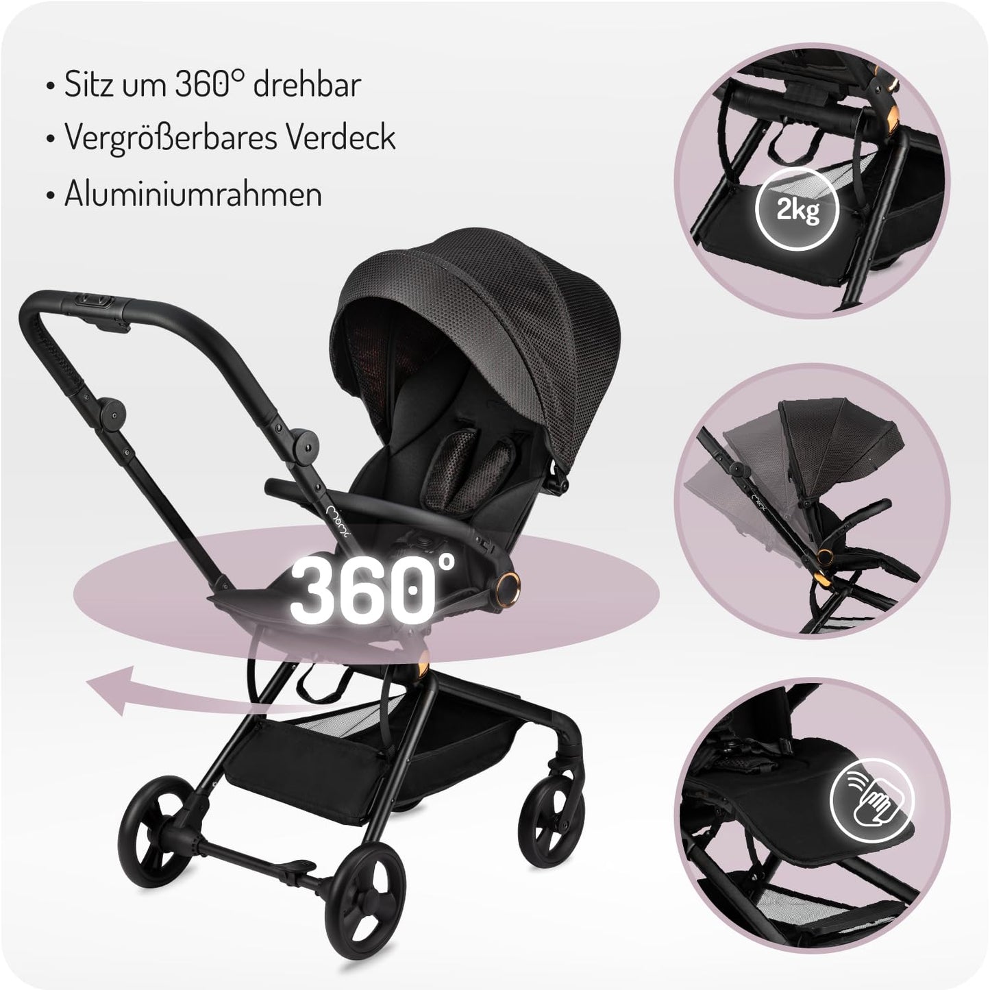 MoMi ADELLE Kinderwagen, klappbar mit 360° Sitz, bis 22 kg
