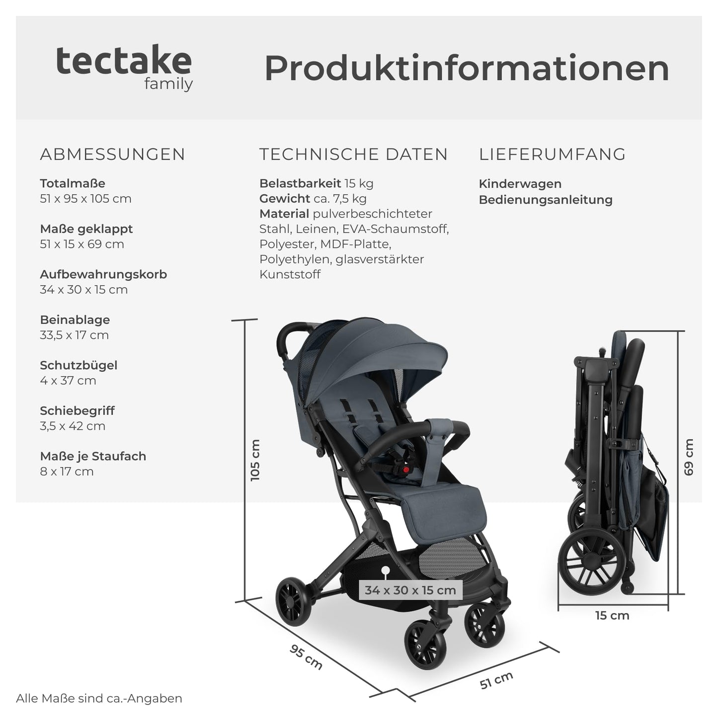 tectake Buggy Kinderwagen, faltbar & leicht, Reisebuggy bis 3 Jahre, Anthrazit
