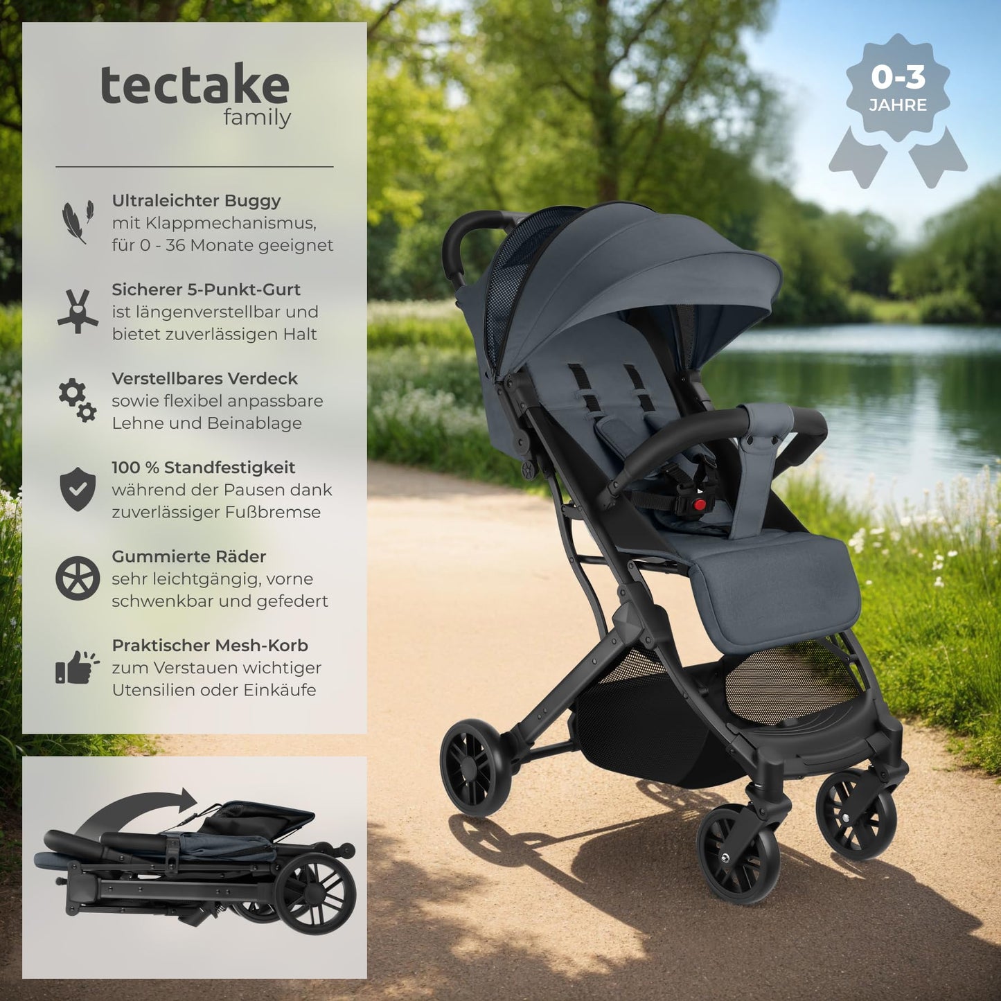 tectake Buggy Kinderwagen, faltbar & leicht, Reisebuggy bis 3 Jahre, Anthrazit