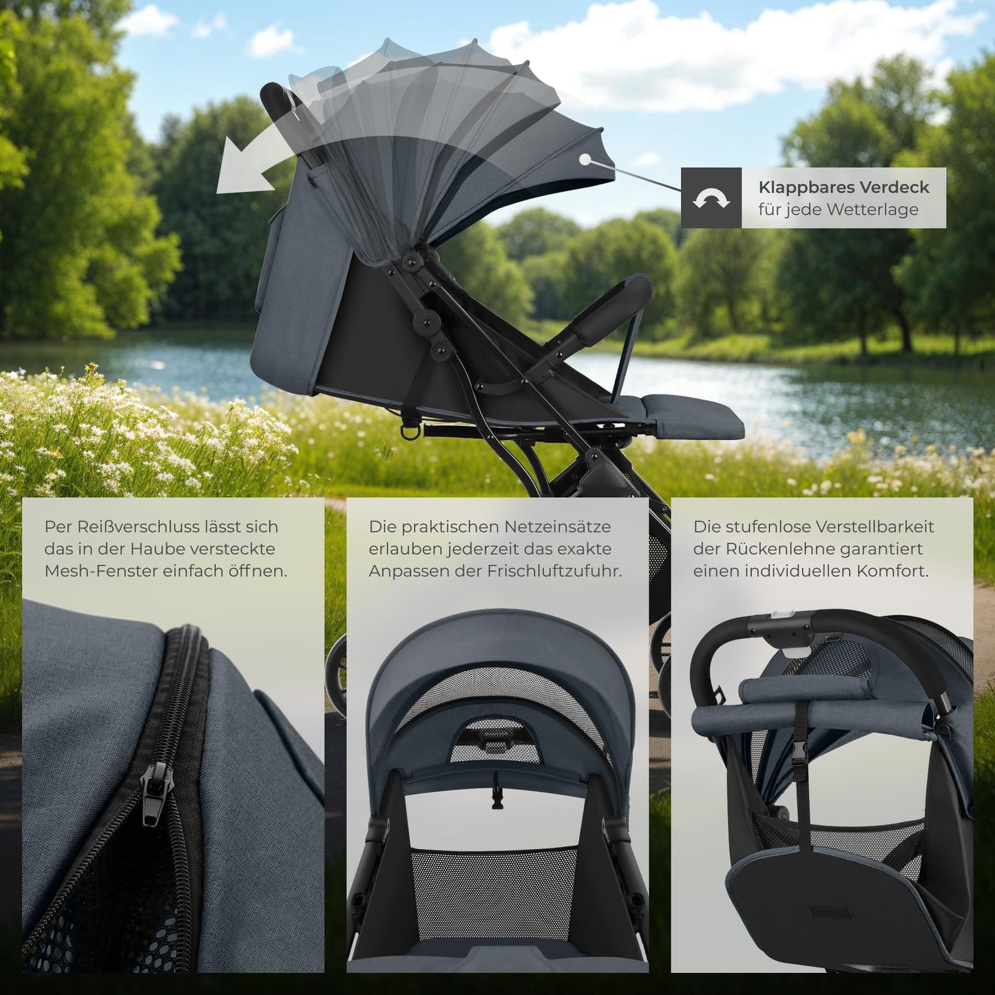 tectake Buggy Kinderwagen, faltbar & leicht, Reisebuggy bis 3 Jahre, Anthrazit